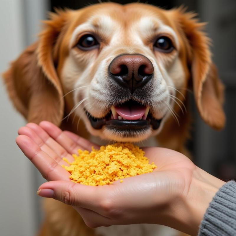 Dog eating nutritional yeast flakes from owner's hand