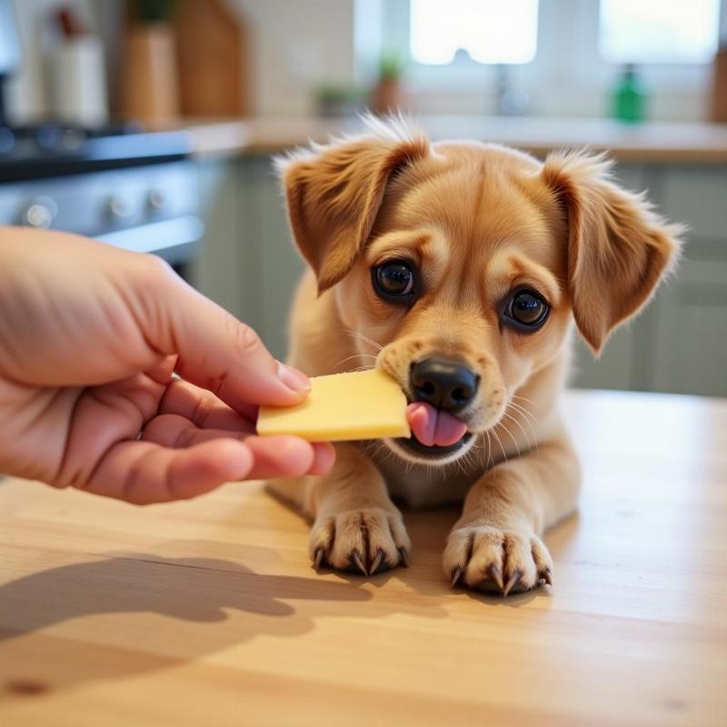 Dog eating Gouda cheese