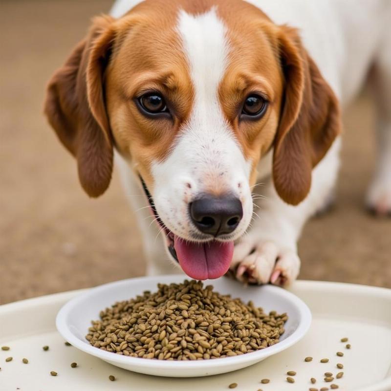 Dog eating food supplemented with hemp seeds