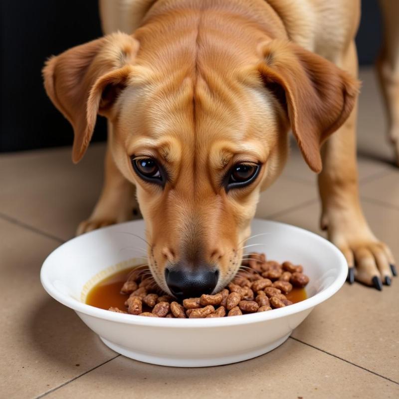 Dog eating food with unsalted beef broth