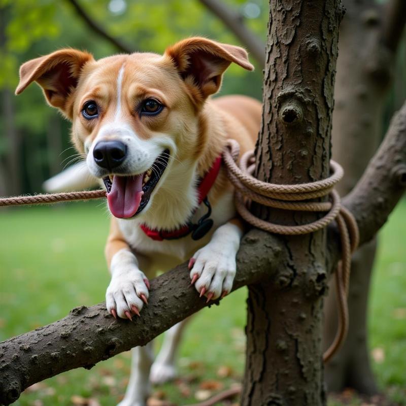 Dog tangled with a tie out