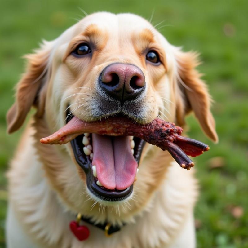 Dog chewing on a raw duck foot