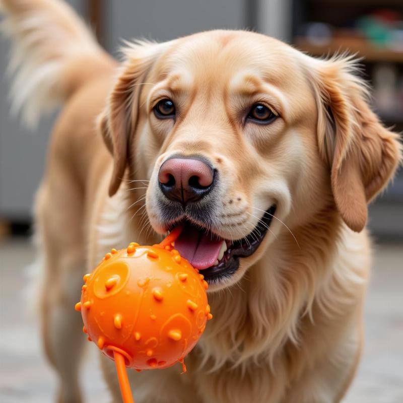 Dog chewing a toy