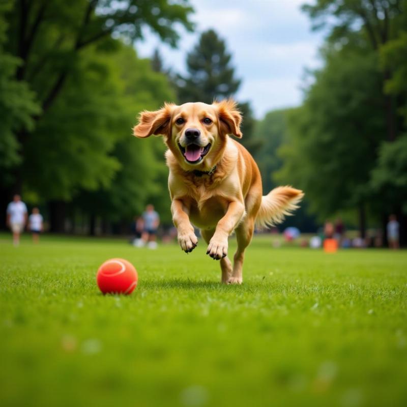 Dog playing fetch in a park