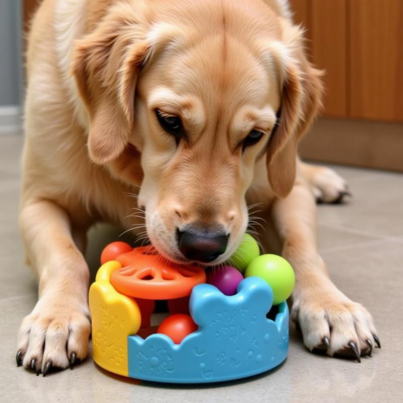 Dog playing with a puzzle toy