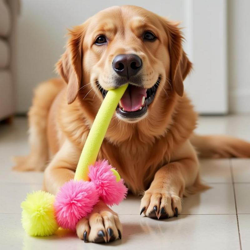 Dog playing with a durable plush toy