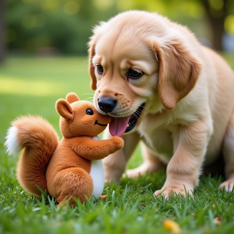 Dog playing with a toy that makes animal sounds