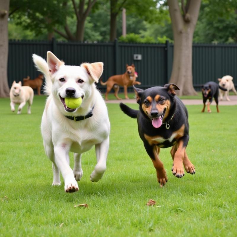 Dogs playing together at the dog park