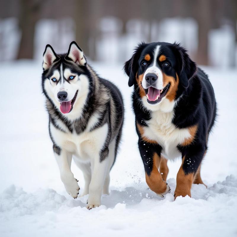 Dogs with thick coats in the snow