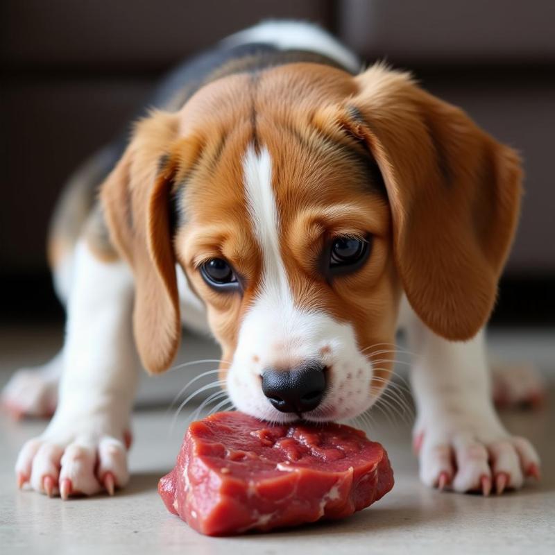 Puppy eating beef heart