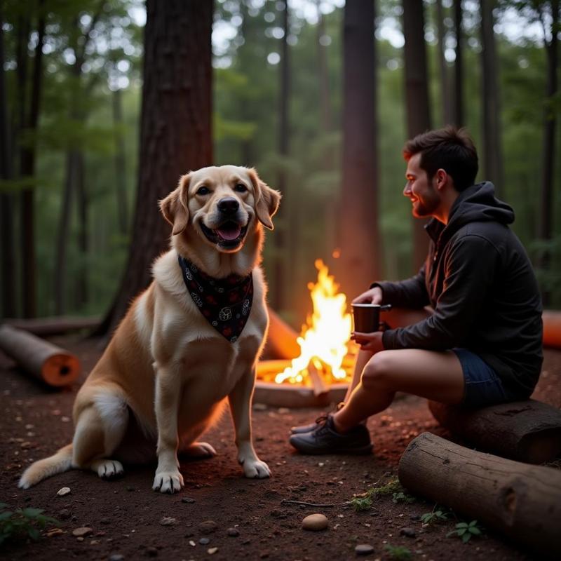 A dog and its owner camping