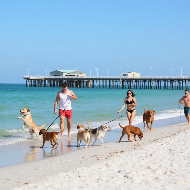 Dogs playing with their owners at Dog Beach at Pier Park