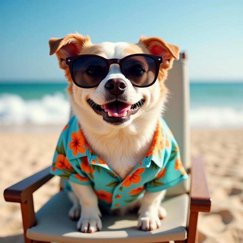 Dog wearing sunglasses and a Hawaiian shirt