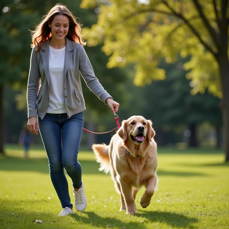 Dog walking with owner