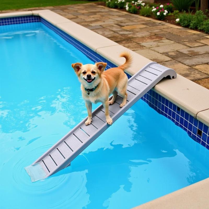 Dog using a pool ramp to get out of an above ground pool