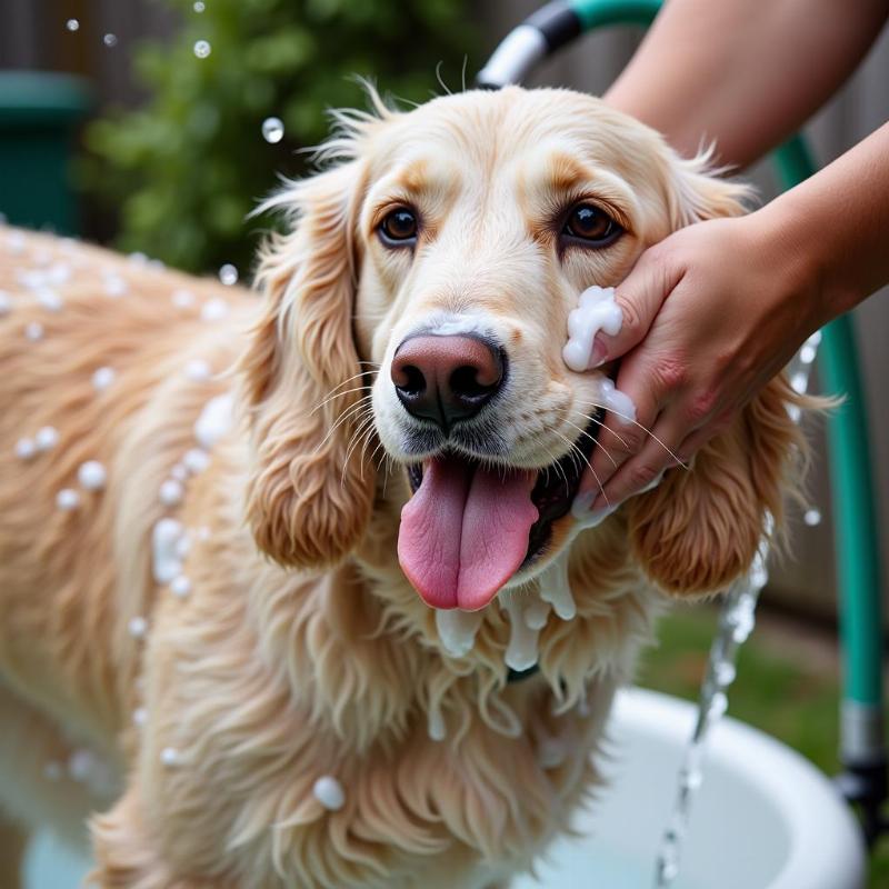 Dog being bathed with a hose and shampoo