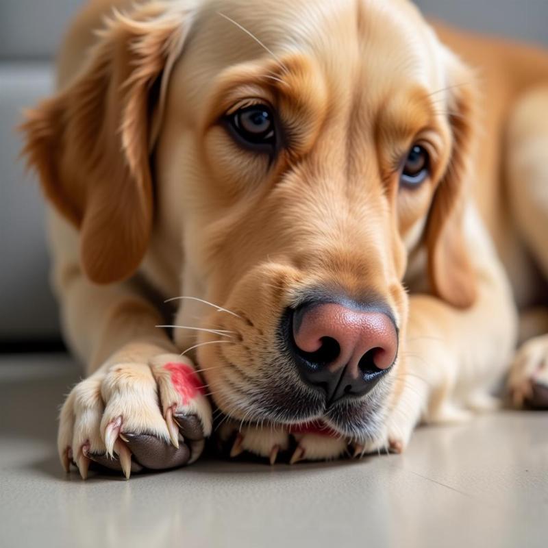 Worried dog chewing paw