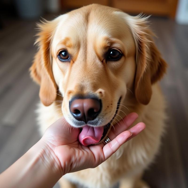 Dog licking owner's hand showing affection