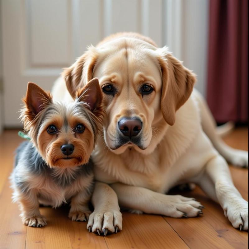 Large and small dogs interacting safely