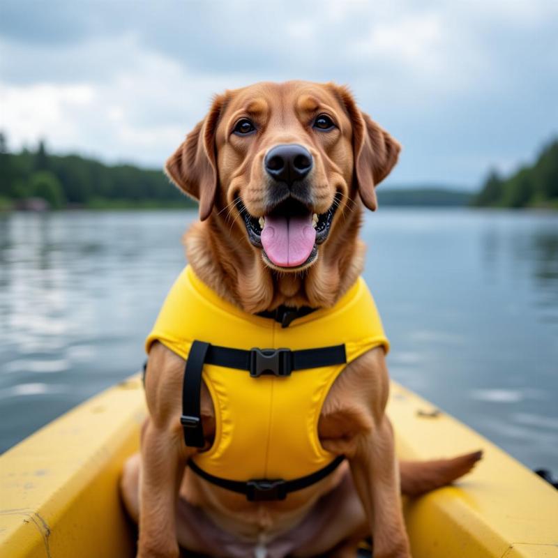 Large Dog Wearing Life Vest on Kayak