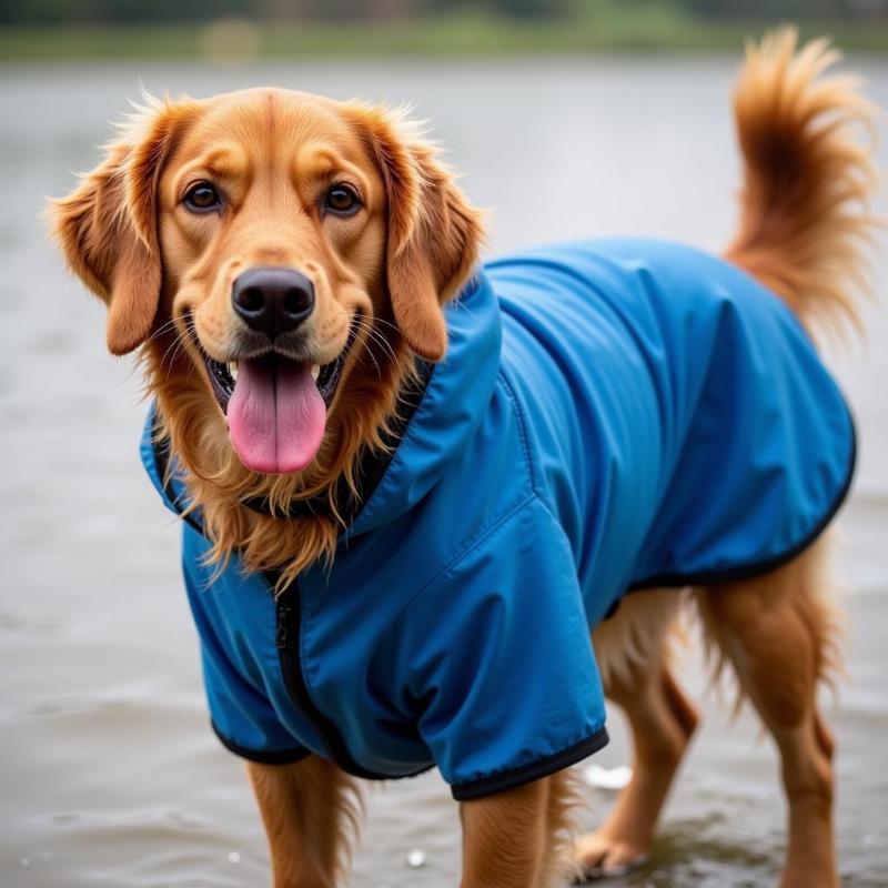 Dog wearing a drying coat after a bath