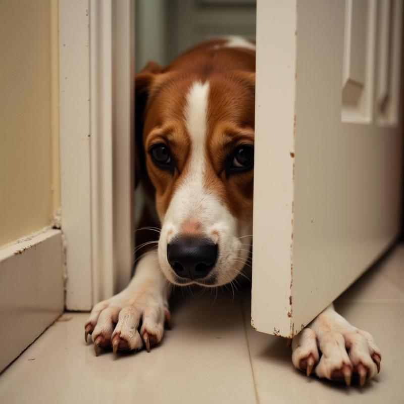 Curious dog peering into the bathroom