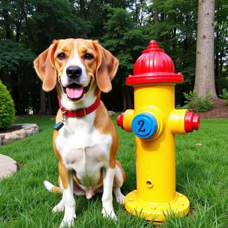 Dog sitting in a yard with a fire hydrant