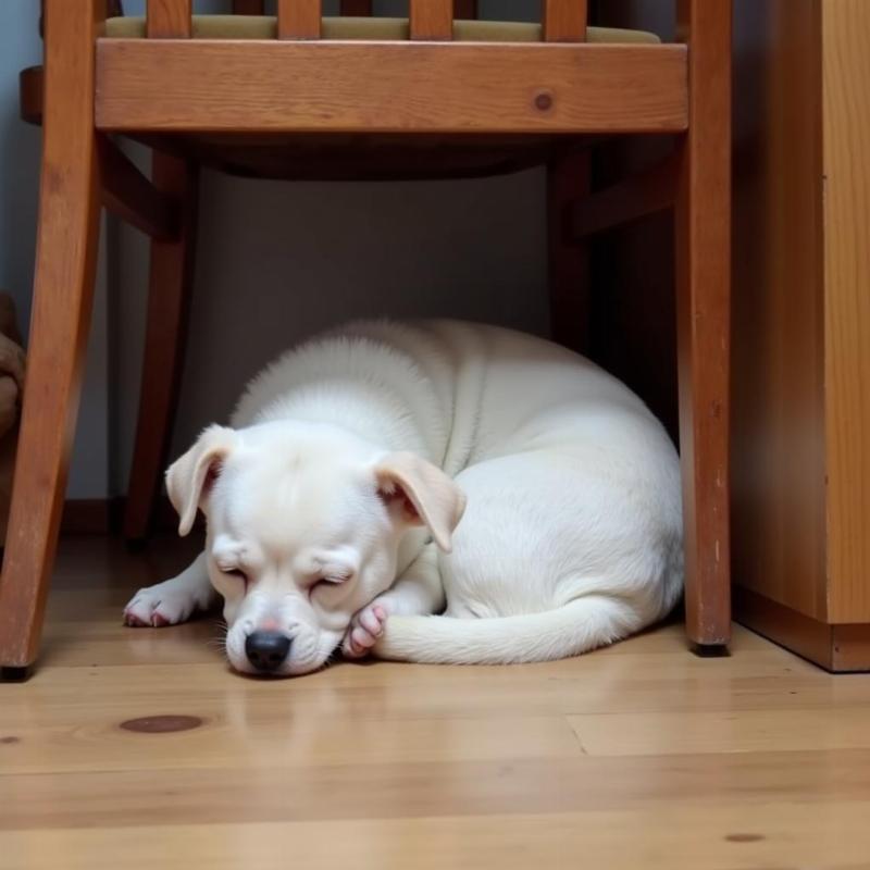 Dog sleeping under chair