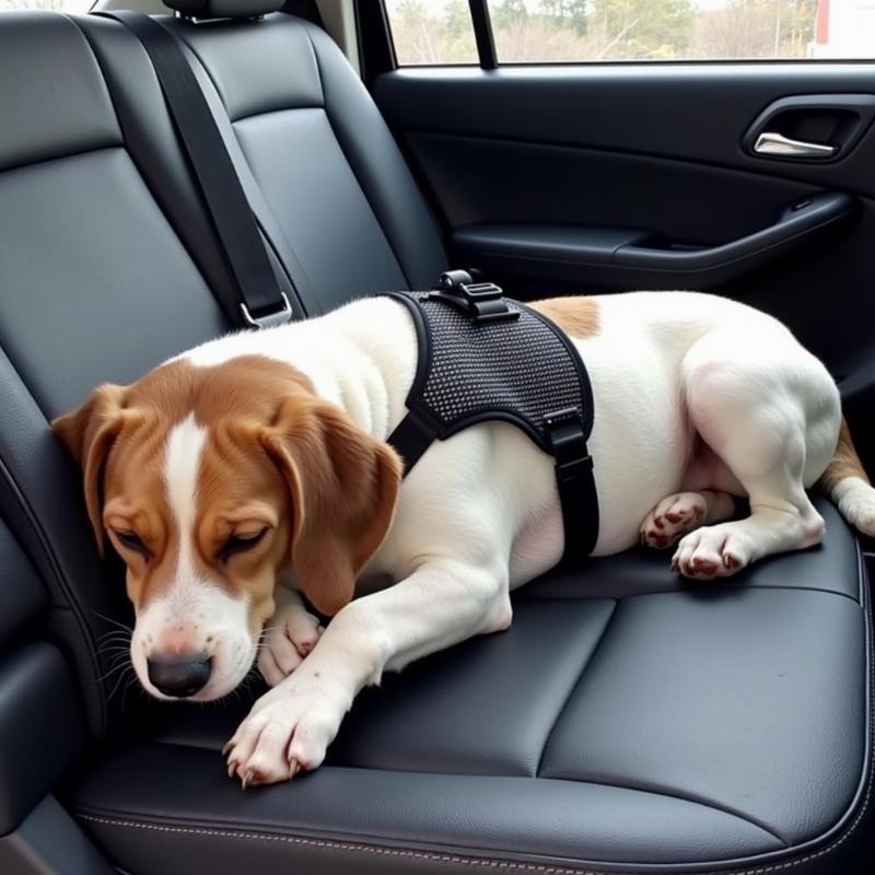 Dog sleeping in a car wearing a harness