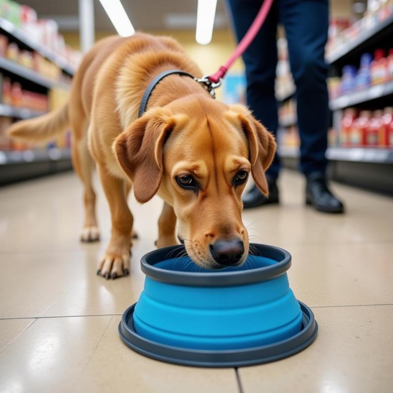 Dog drinking water at store