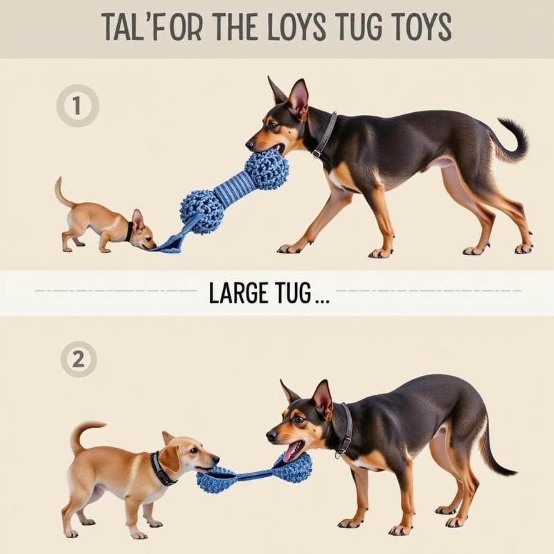 Choosing the correct size tug toy based on dog breed size.