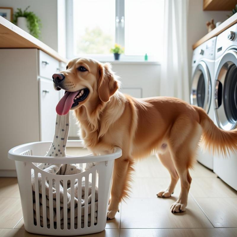 Dog fetching laundry from the hamper