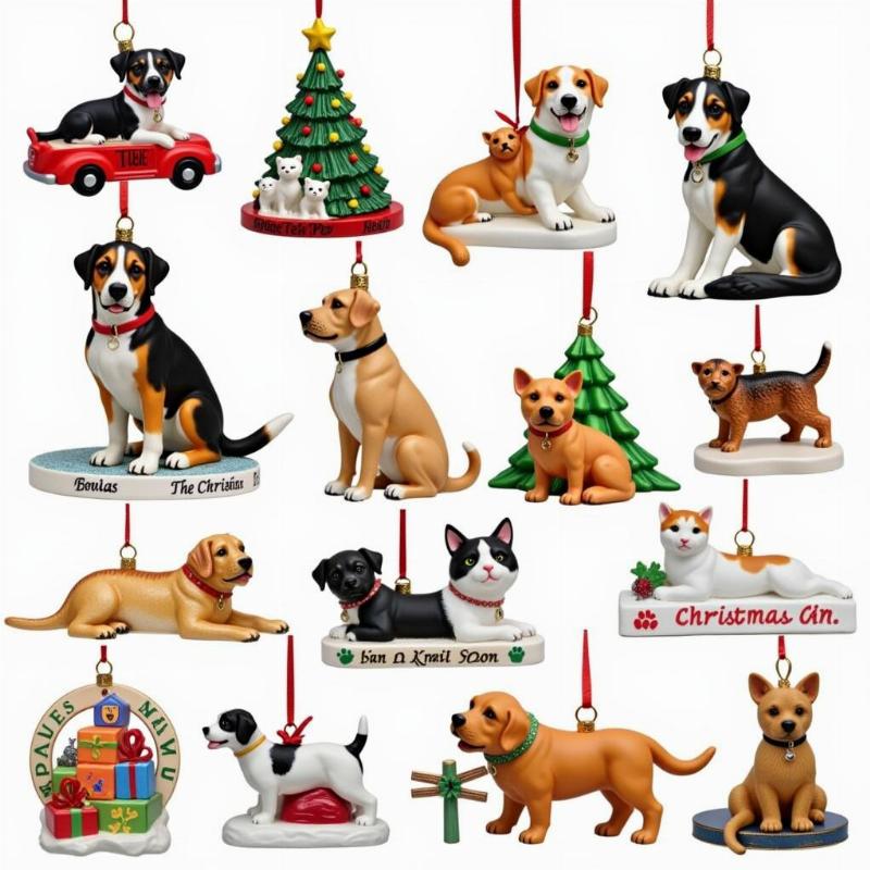 Christmas ornaments featuring various dog and cat breeds and festive themes