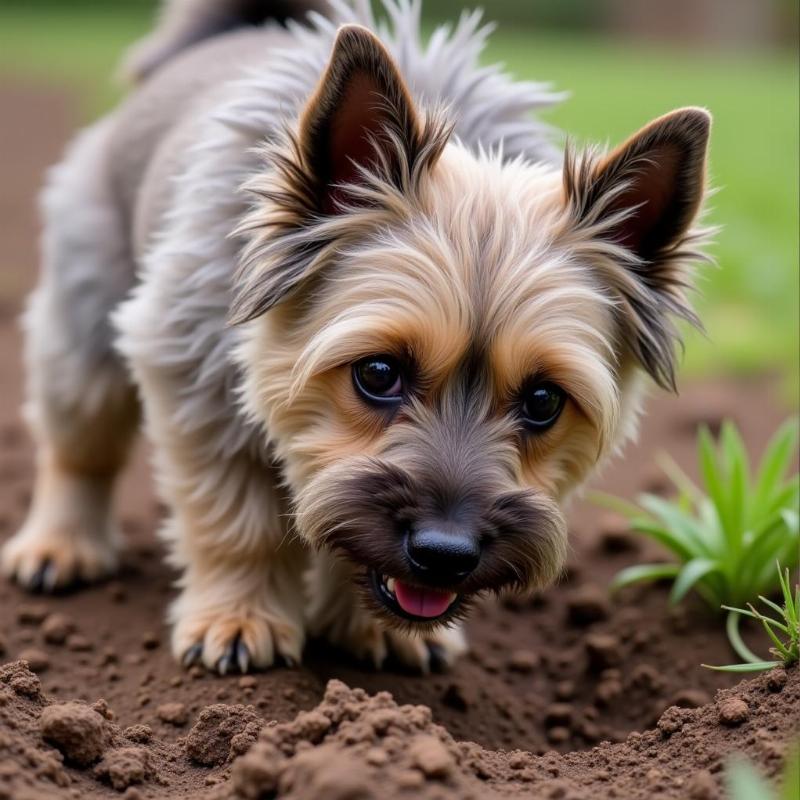 Cairn terrier digging in the dirt