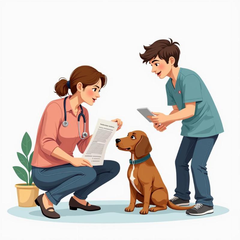 A dog owner reviews the dog's vaccination records with a veterinarian