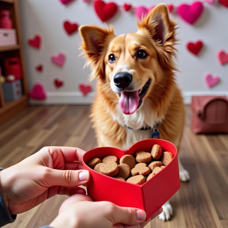 Owner giving Valentine's Day gift to their dog