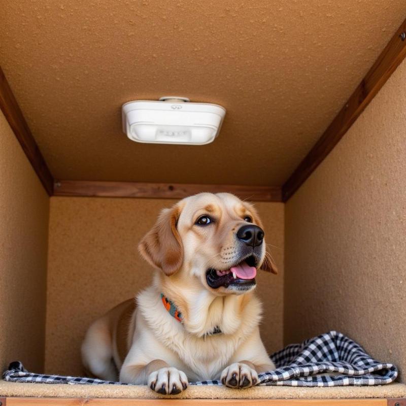 Dog house with heated lamp