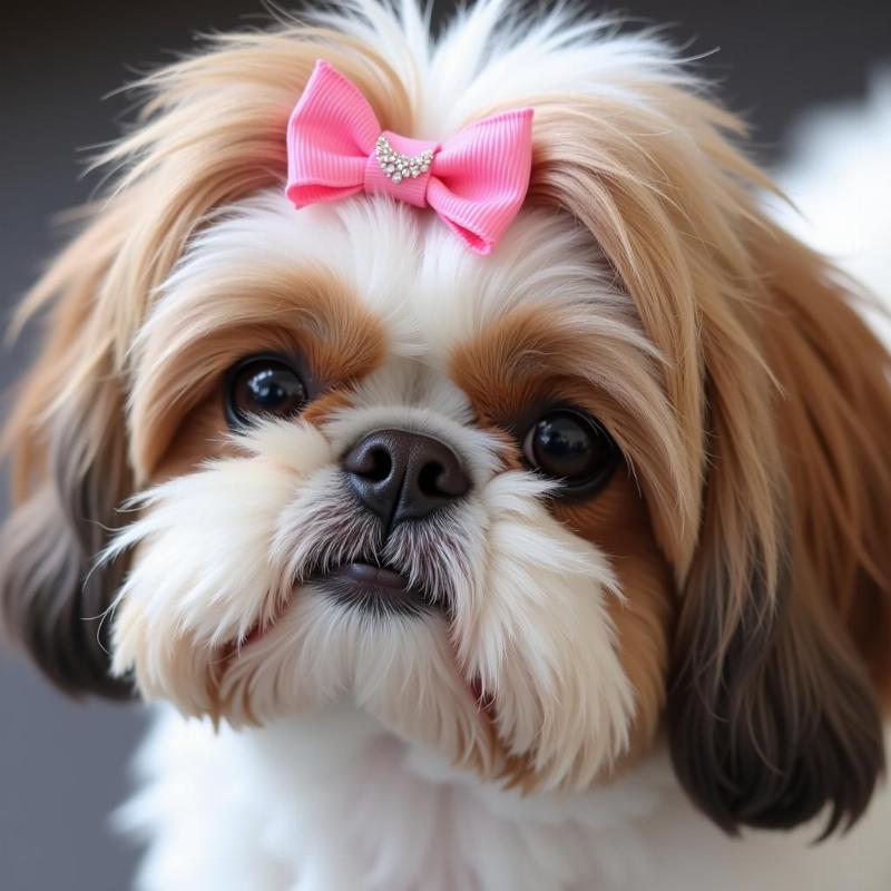 Grooming a dog with a bow