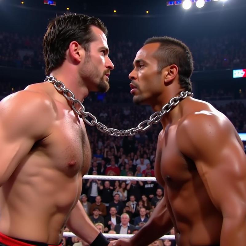 CM Punk and MJF in a tense standoff during the dog collar match, the chain symbolizing control and dominance.