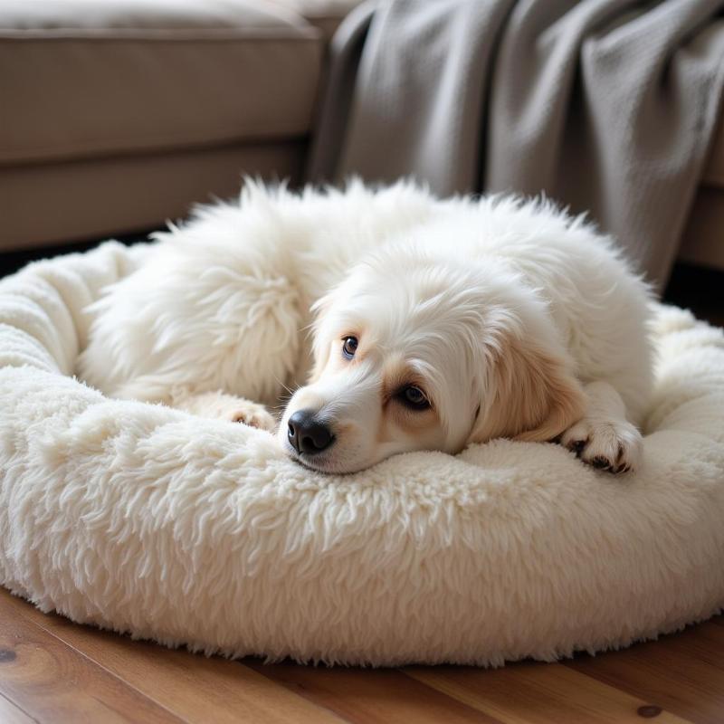 A Coton de Tulear settling into its new home, curled up in a dog bed.