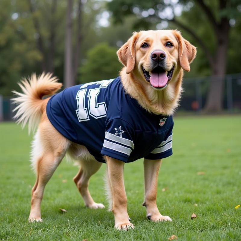 A dog wearing a perfectly fitted XXL Dallas Cowboys jersey