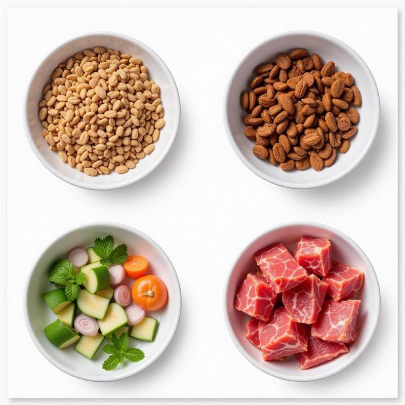 Different types of dog food: kibble, wet food, and raw ingredients.