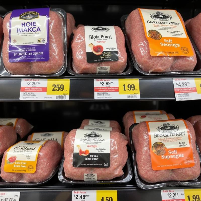 Various packages of ground turkey displayed in a grocery store refrigerator.