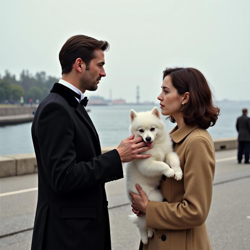 Dmitri Gurov approaches Anna Sergeyevna, who is holding her small white dog, on a promenade by the sea.