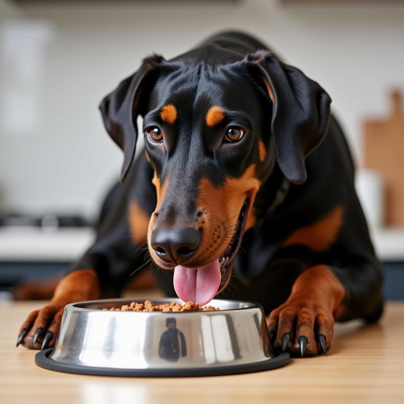 A Doberman Pinscher eating from a dog bowl