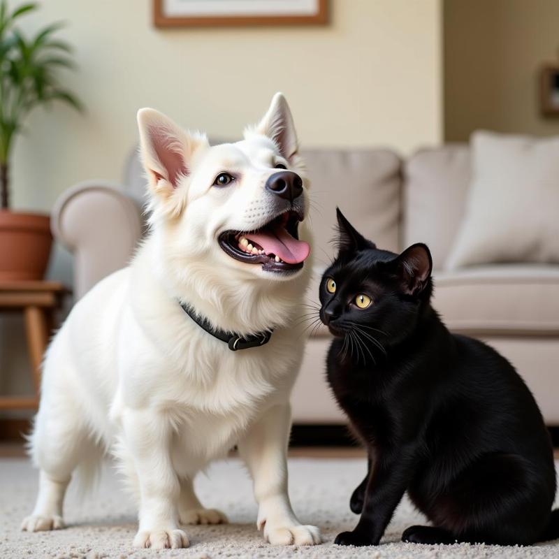 A White Dog and Black Cat Playing Together