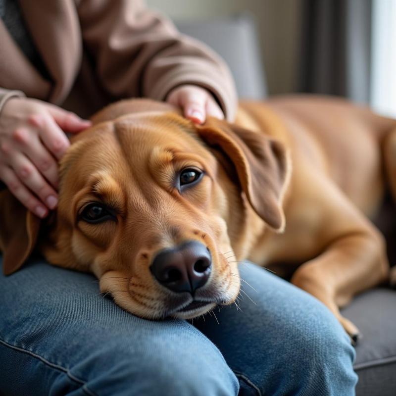 A dog being comforted by its owner.