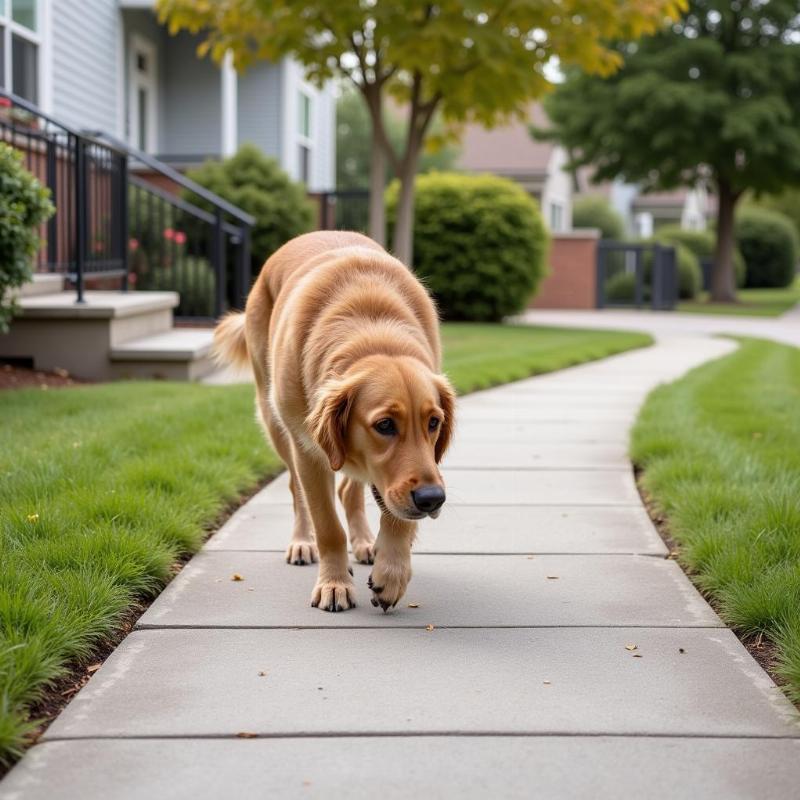 Dog avoiding concrete area sprayed with deterrent