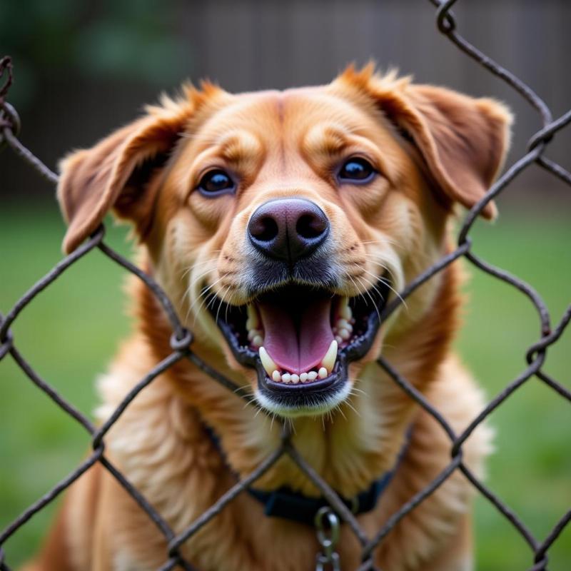 Dog Barking Behind a Fence: A dog barks aggressively from behind a chain-link fence, symbolizing feelings of being trapped or restricted.