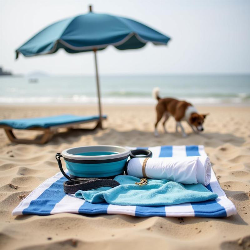 Essential items for a dog beach trip in Ocean City, NJ: Water bowl, leash, poop bags, towel, and a beach umbrella.